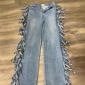 Fringe Accent Light Blue Wide Leg Jeans